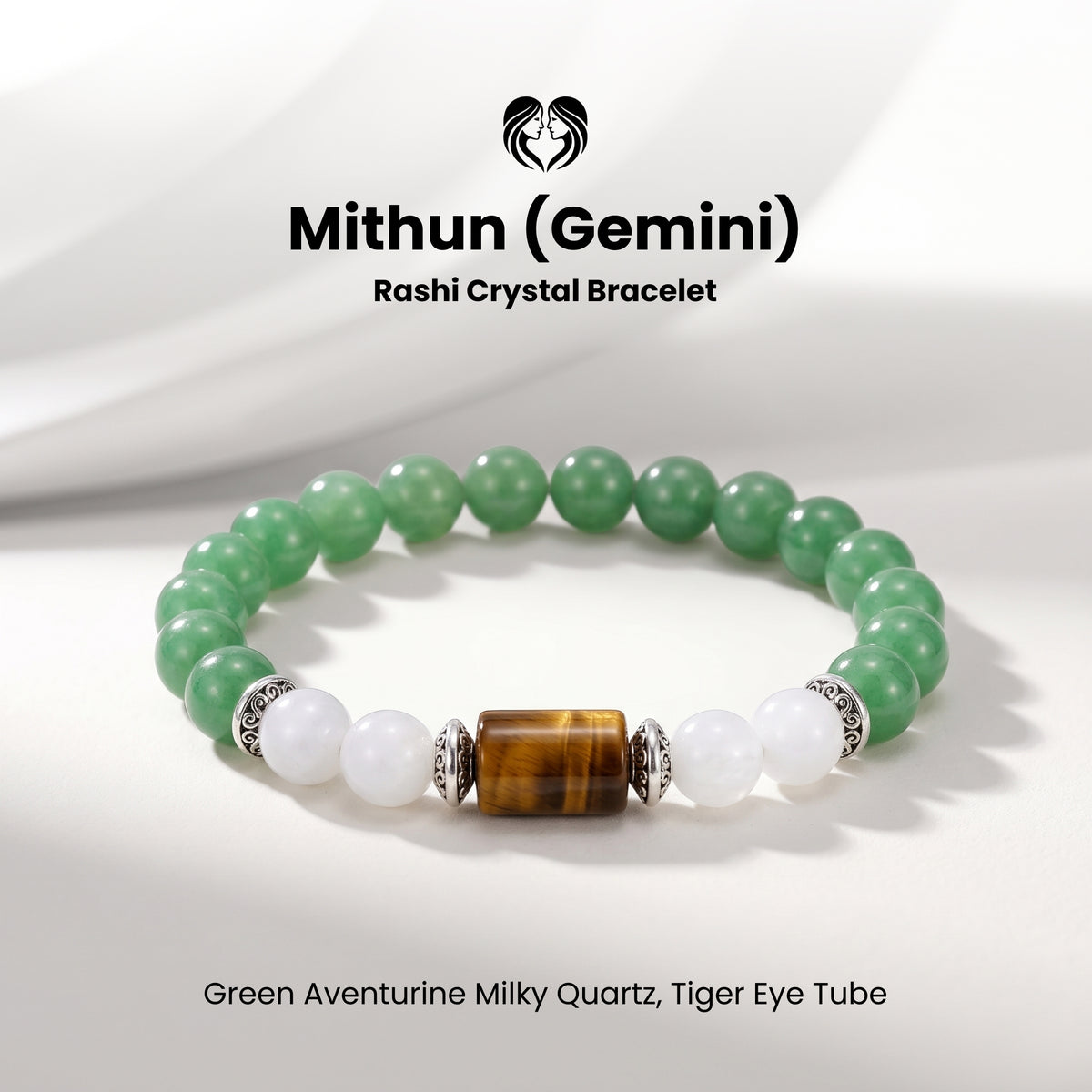 Gemini (मिथुन राशि) Zodiac Green Aventurine,Tiger Eye & Milky Quartz Bracelet