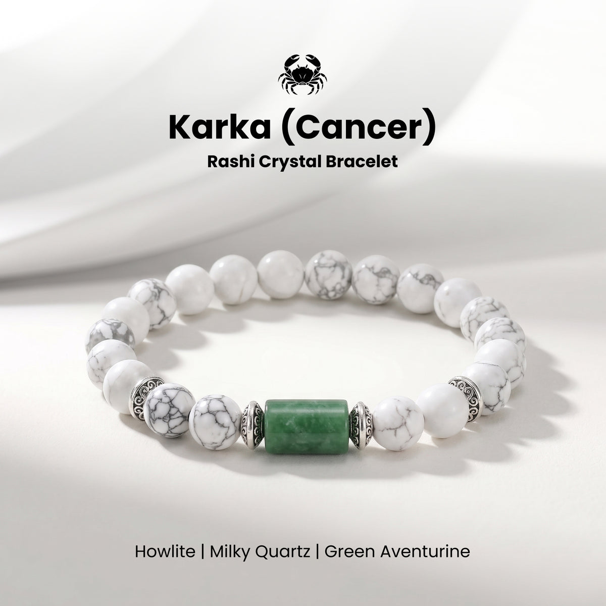 Cancer (कर्क राशि) Zodiac Howlite,Green Aventurine & Milky Quartz Bracelet