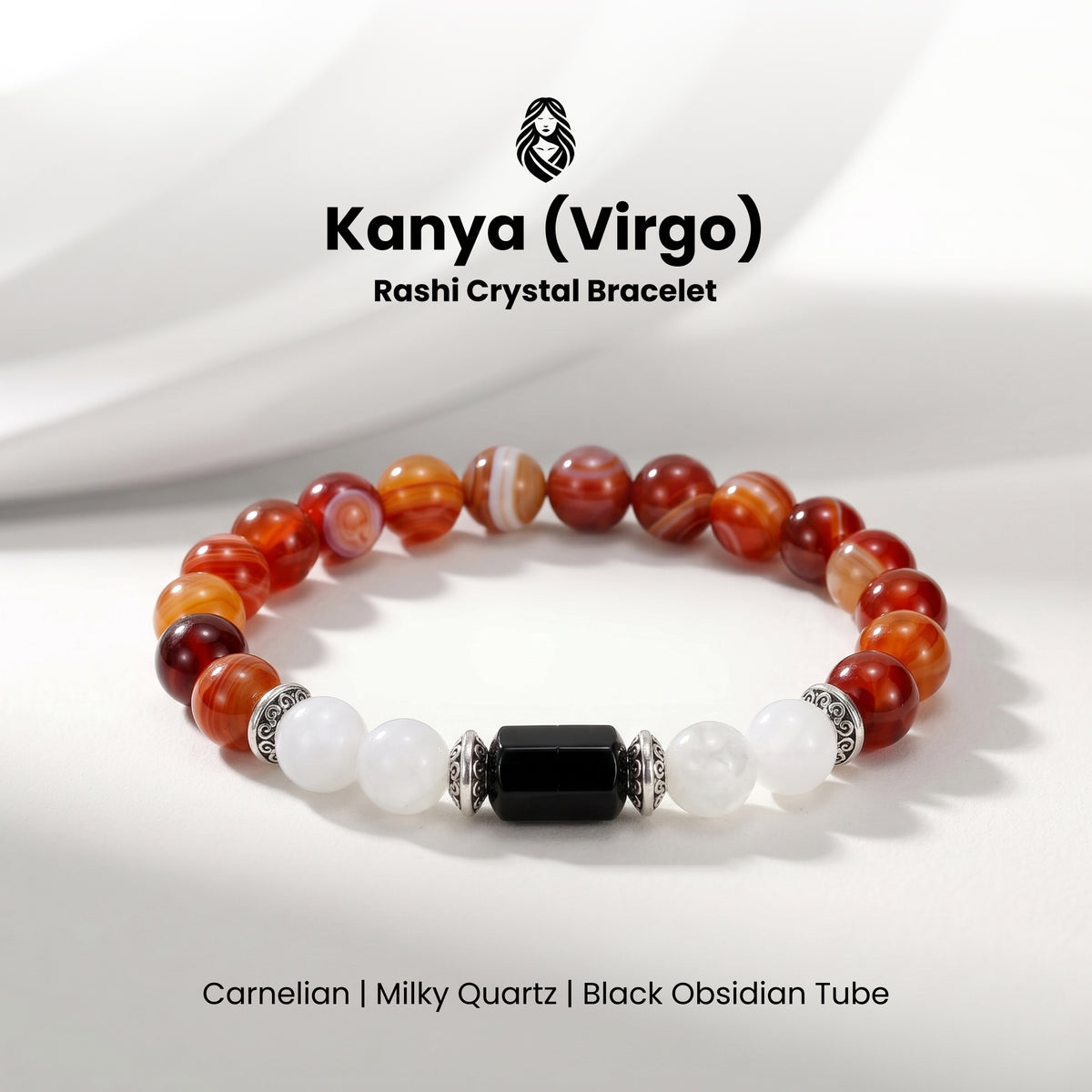 Virgo (कन्या राशि) Zodiac Carnelian,Black Obsidian & Milky Quartz Bracelet