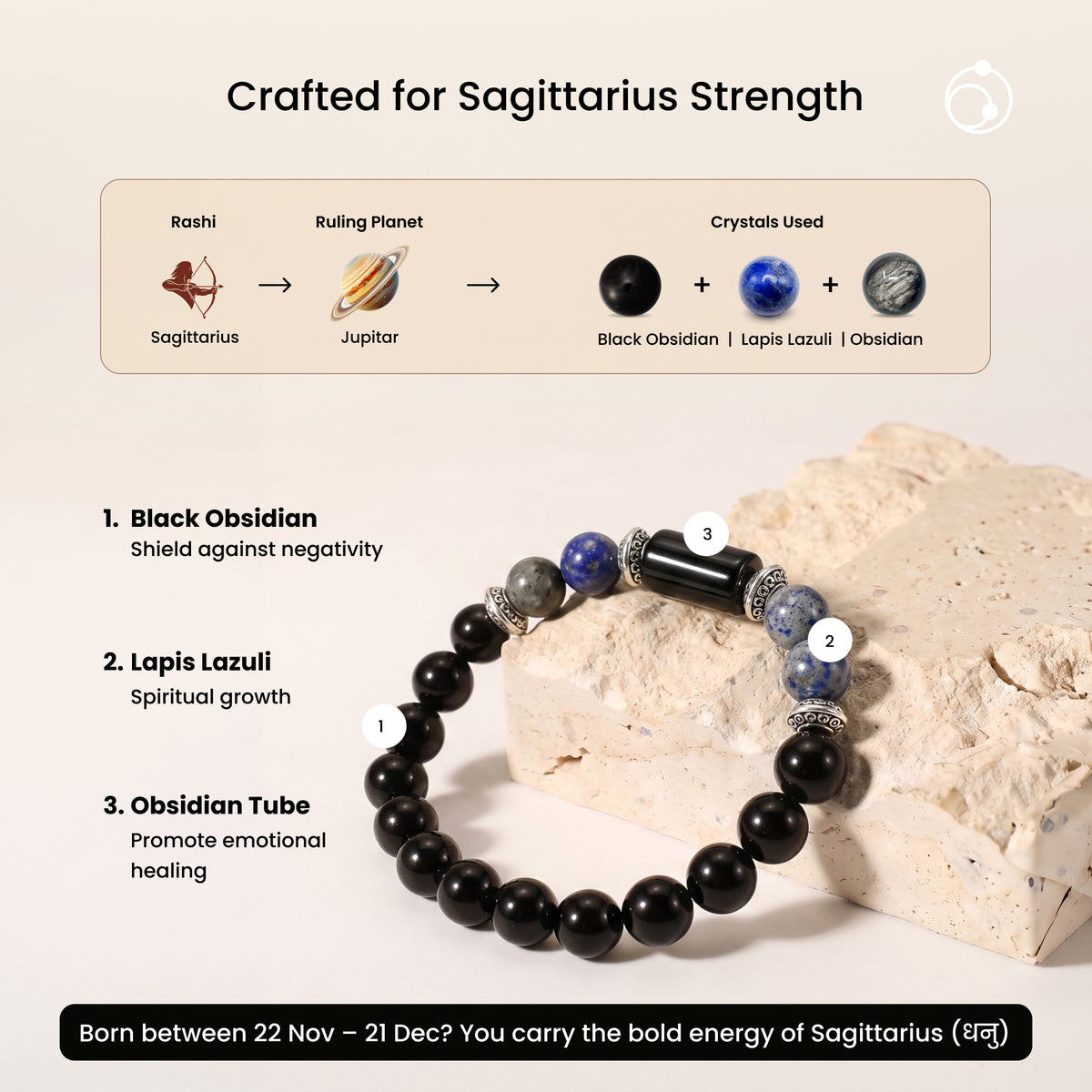Sagittarius (धनु राशि) Zodiac Black Obsidian & Lapis Lazuli Bracelet