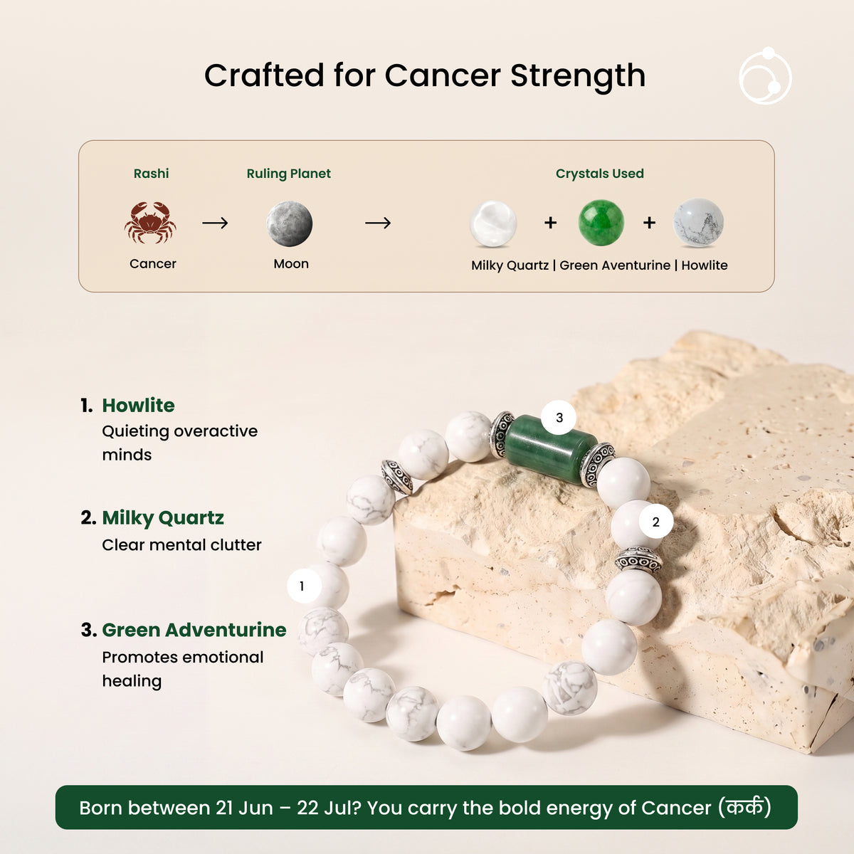 Cancer (कर्क राशि) Zodiac Howlite,Green Aventurine & Milky Quartz Bracelet