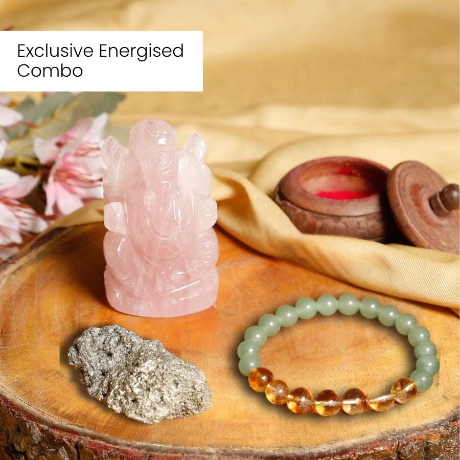 Business Wealth Kit | Shri Ganesha Idol +Pyrite cluster + Wealth bracelet| Energized | Natural|