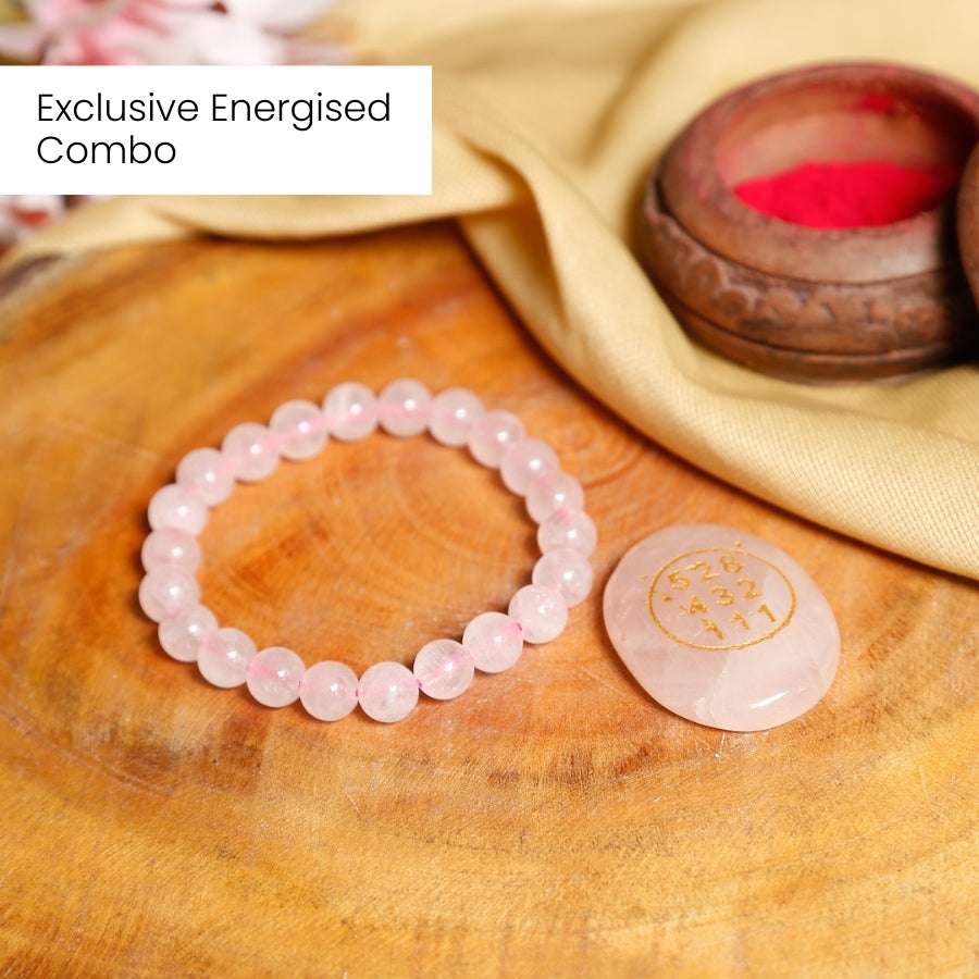Heart Harmony Combo | Rose Quartz Bracelet + Charm | Energized | Natural |