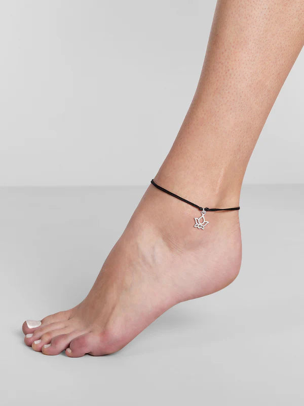 Black Thread Tribal Inspired Anklet With 925 Sterling Silver Lotus Charms