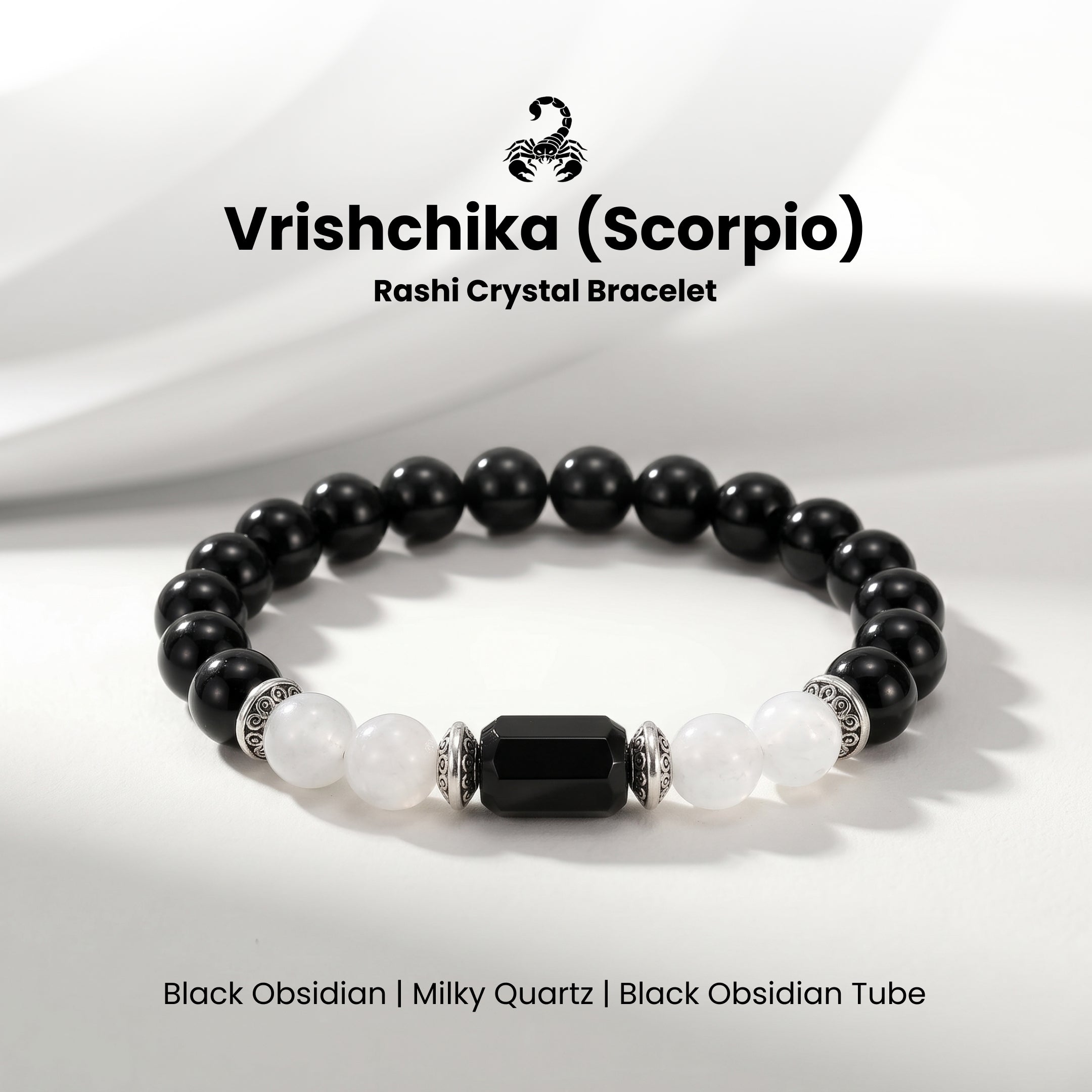 Scorpio (वृश्चिक राशि) Zodiac Black Obsidian & Milky Quartz Bracelet