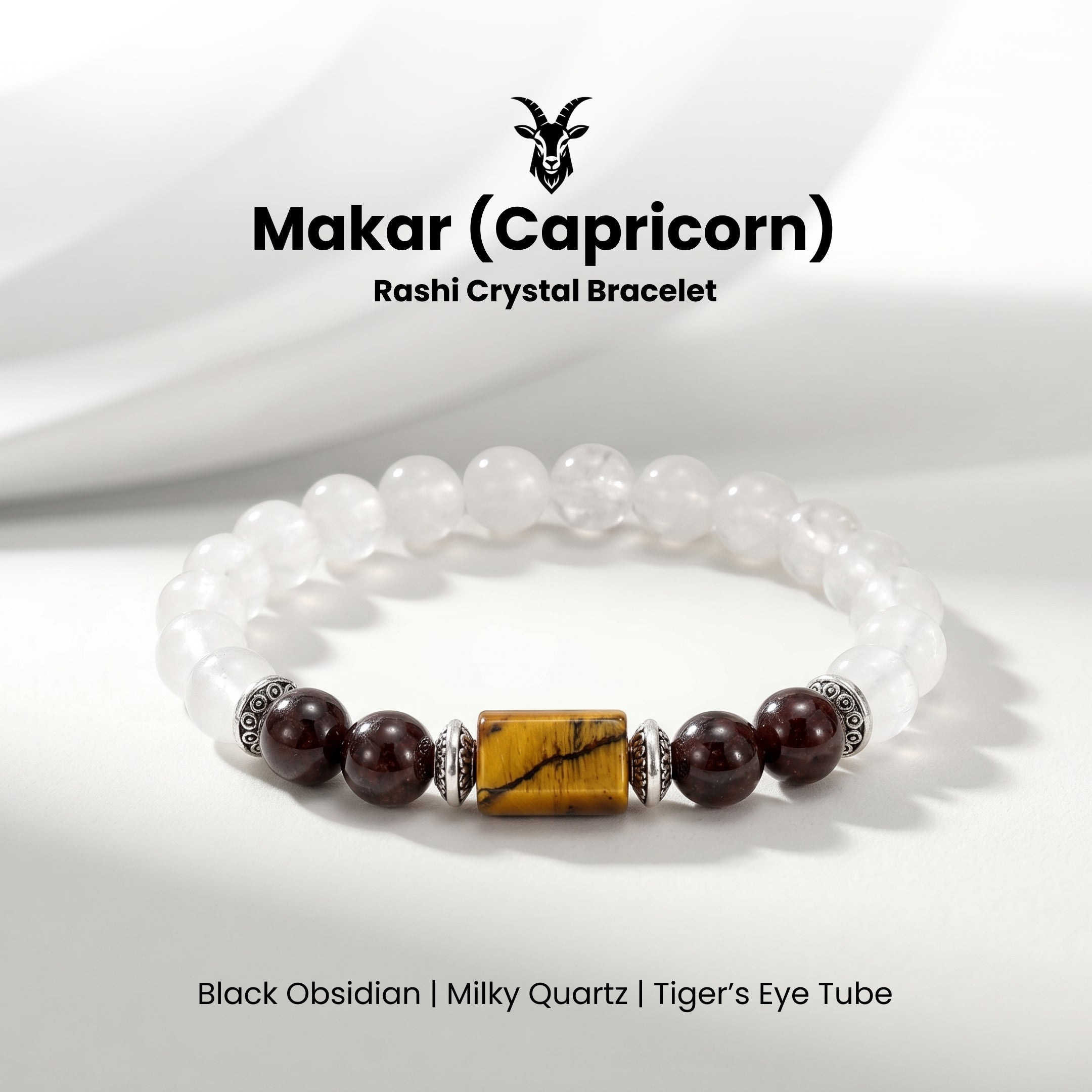 Capricorn (मकर राशि) Zodiac Tiger Eye,Black Obsidian & Milky Quartz Bracelet