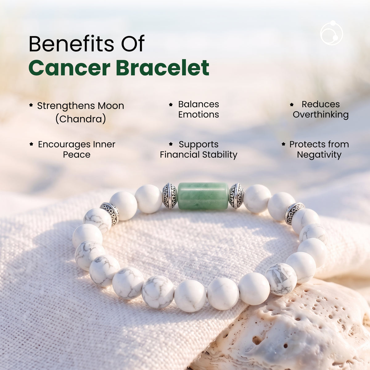 Cancer (कर्क राशि) Zodiac Howlite,Green Aventurine & Milky Quartz Bracelet