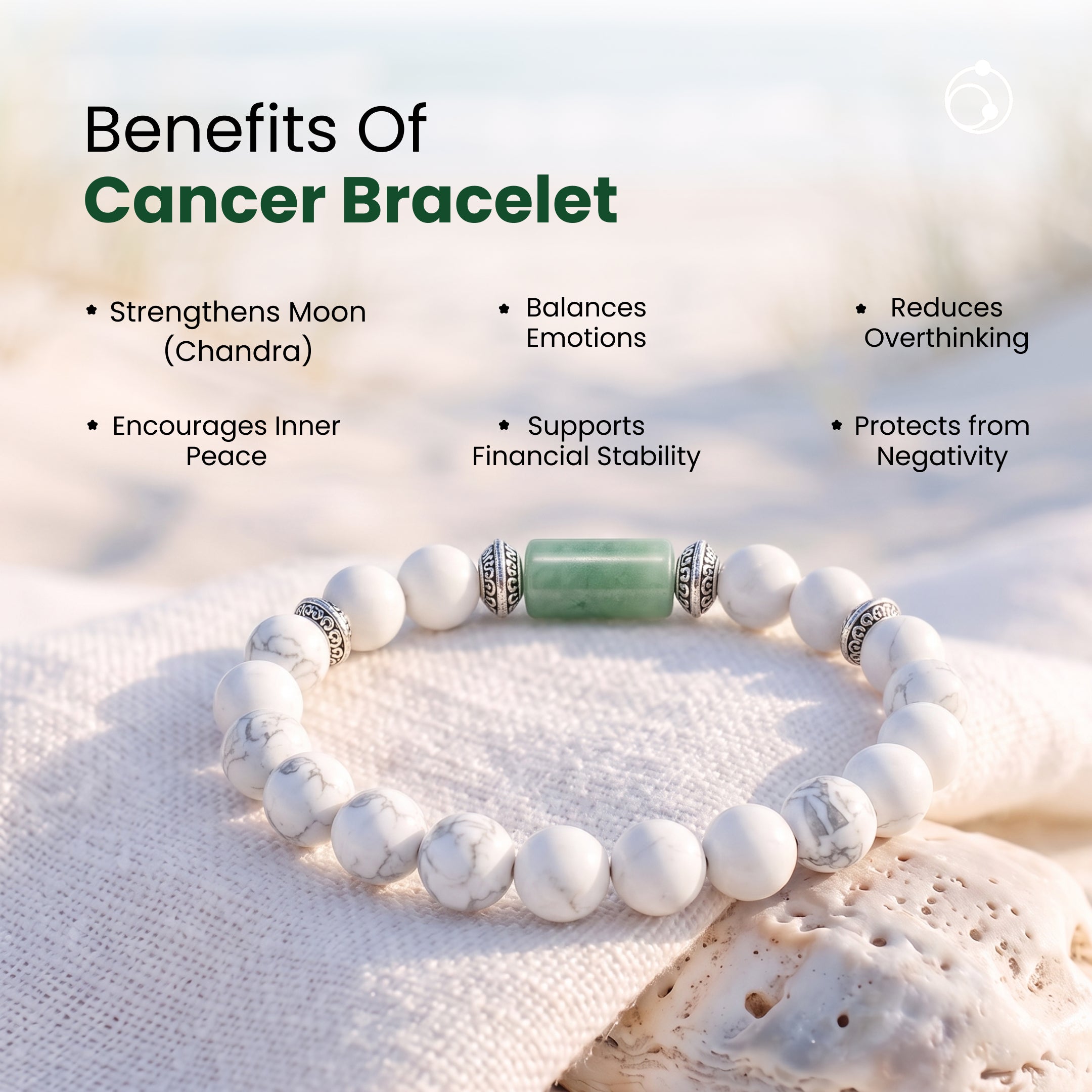 Cancer (कर्क राशि) Zodiac Howlite,Green Aventurine & Milky Quartz Bracelet