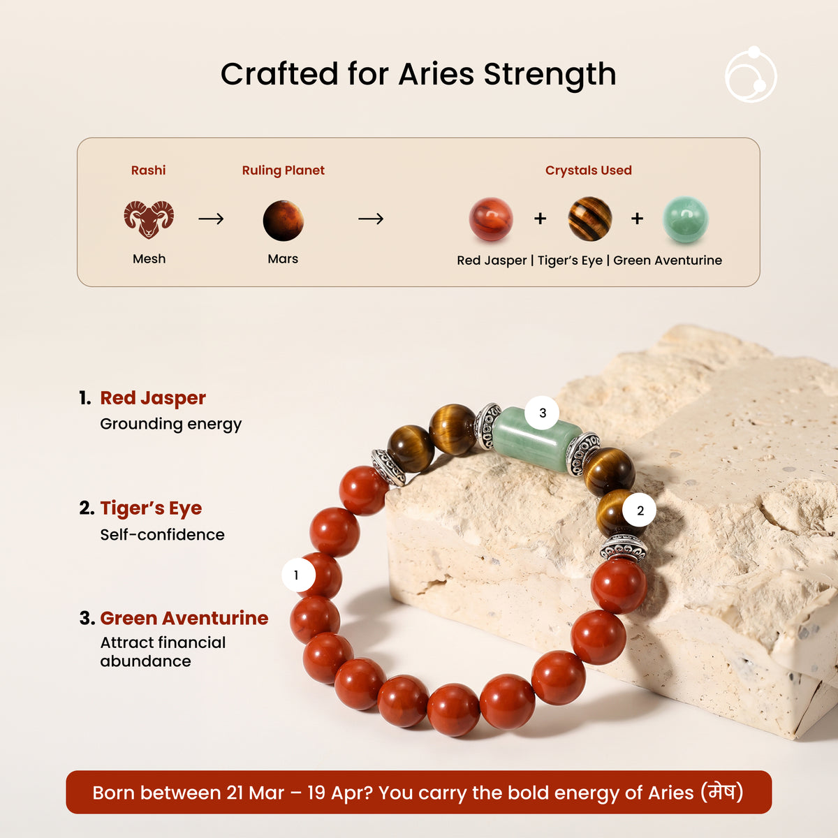 Aries (मेष राशि) Zodiac Red Jasper,Green Aventurine & Tiger Eye Bracelet