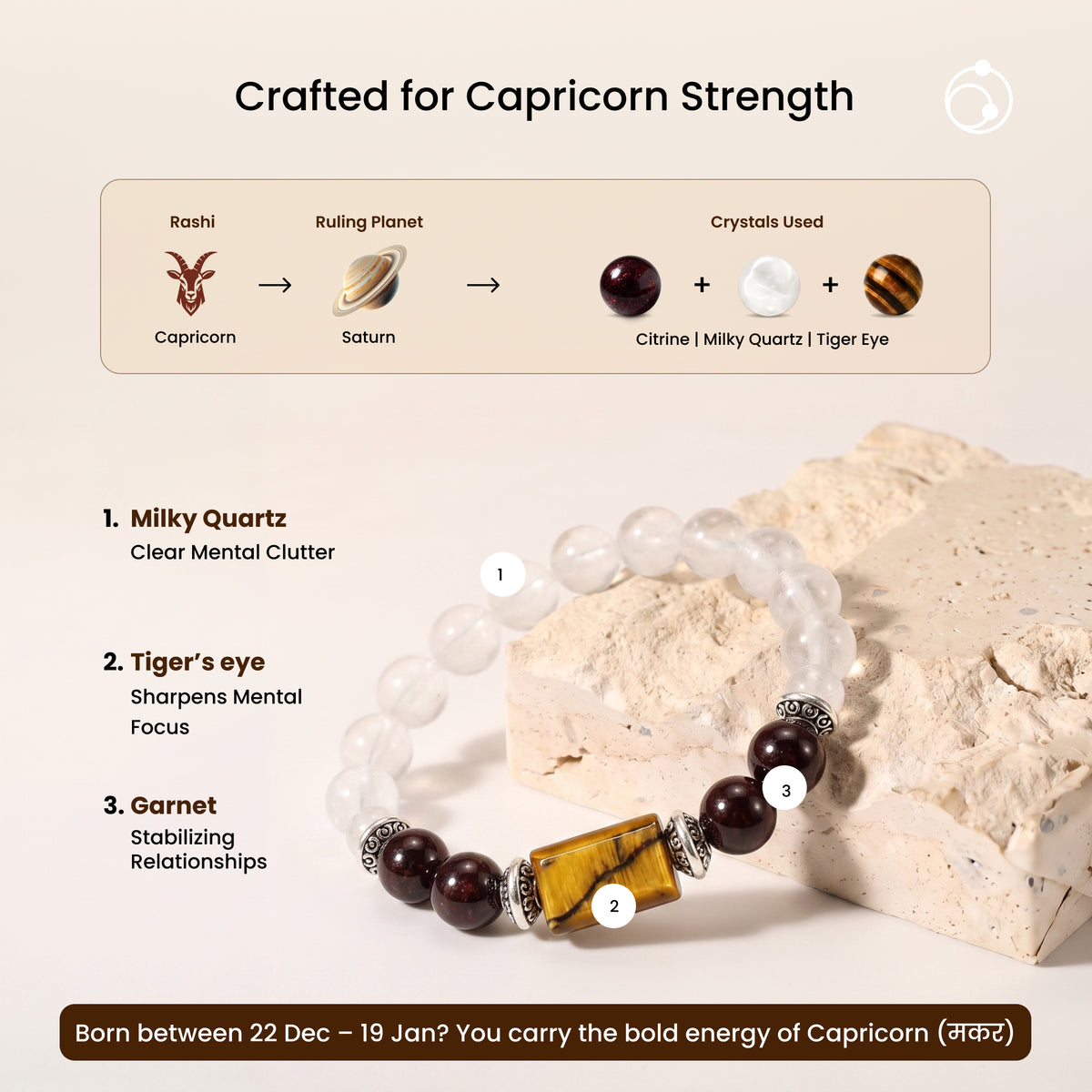 Capricorn (मकर राशि) Zodiac Garnet & Milky Quartz Bracelet