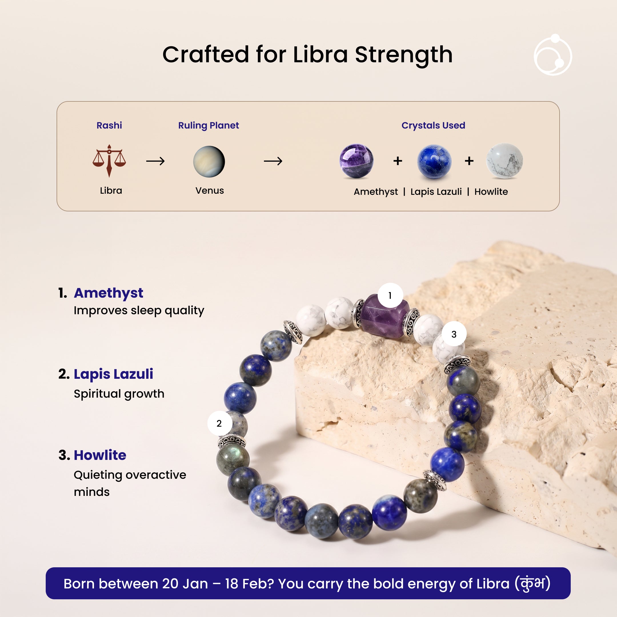 Libra (तुला राशि) Zodiac Lapis Lazuli, Amethyst & Howlite Bracelet