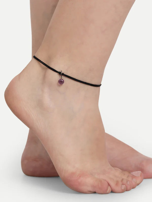 Black Thread Tribal Inspired Anklet With Amethyst Gemstone Charm