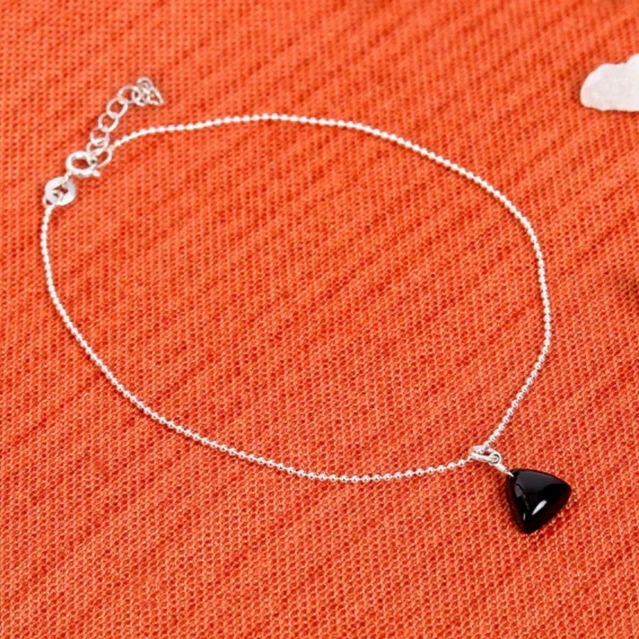 925 Sterling Silver Ball Chain Anklet with Black Onyx Gemstone