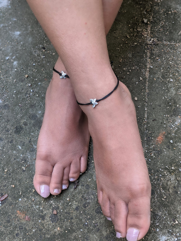 Black Thread Anklet With Silver Butterfly Charms
