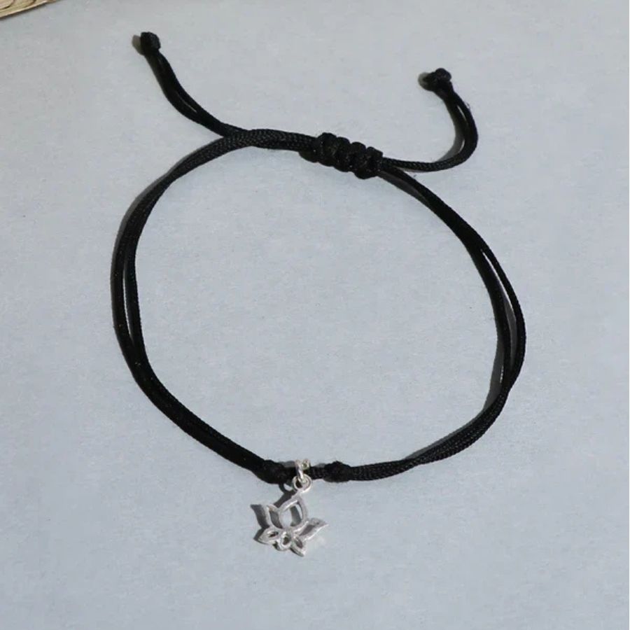 Black Thread Tribal Inspired Anklet With 925 Sterling Silver Lotus Charms
