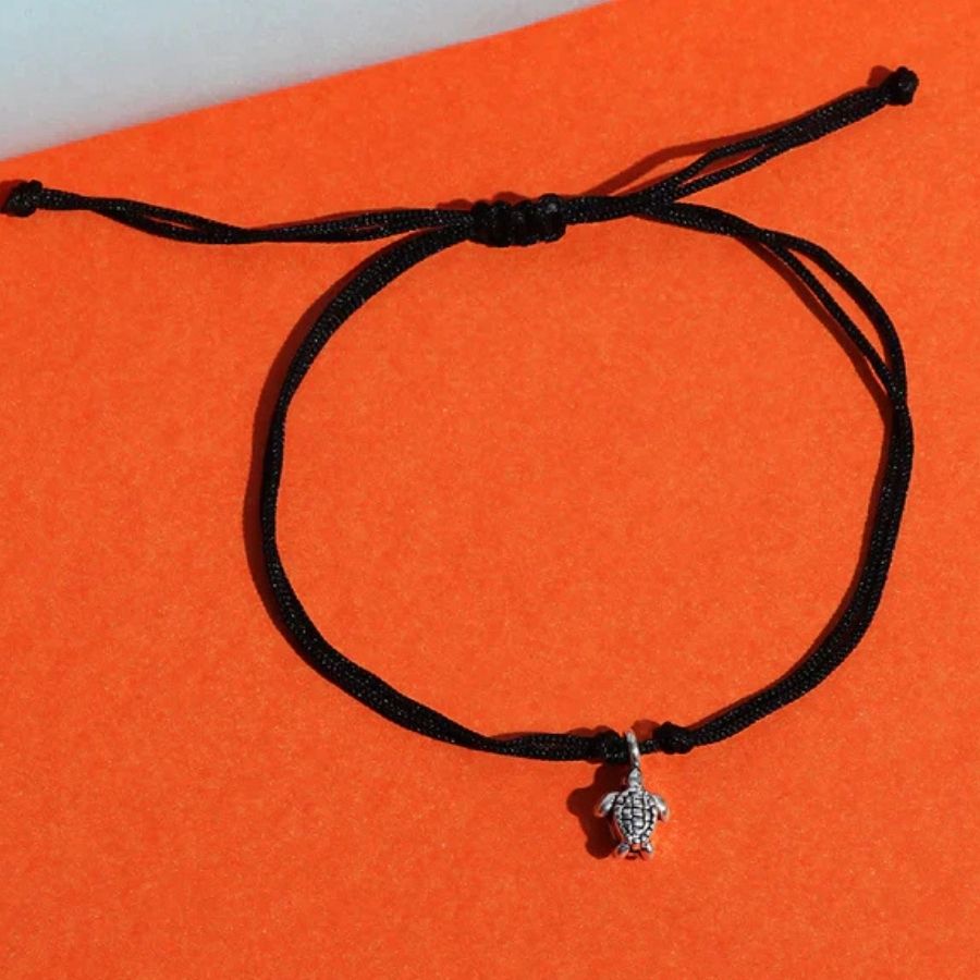 Black Thread Tribal Inspired Anklet With 925 Sterling Silver Turtle Charms