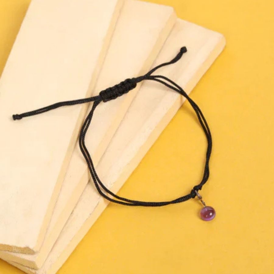 Black Thread Tribal Inspired Anklet With Amethyst Gemstone Charm