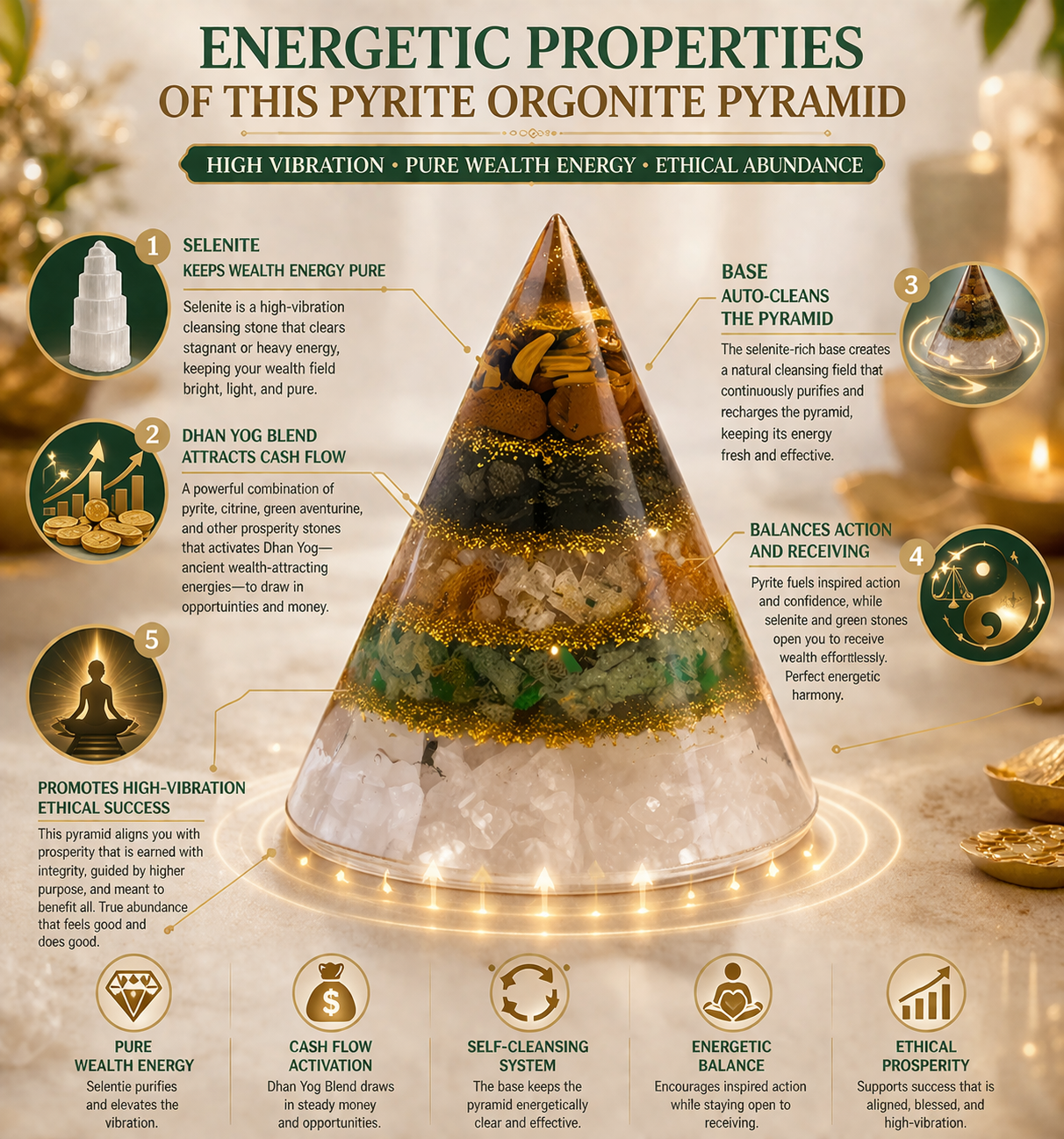 Conical Dhan Yog Pyramid With Selenite Base