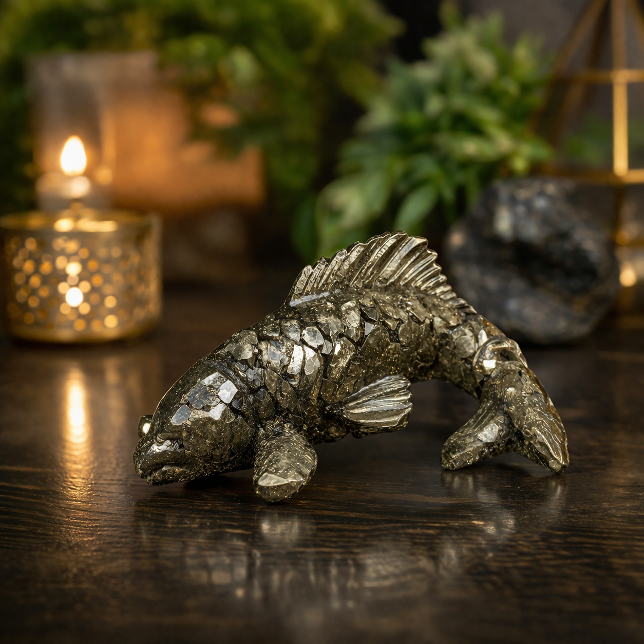 Natural Pyrite Fish Stone Decor | Raw Crystal Wealth & Prosperity Symbol for Desk, Office & Study Table
