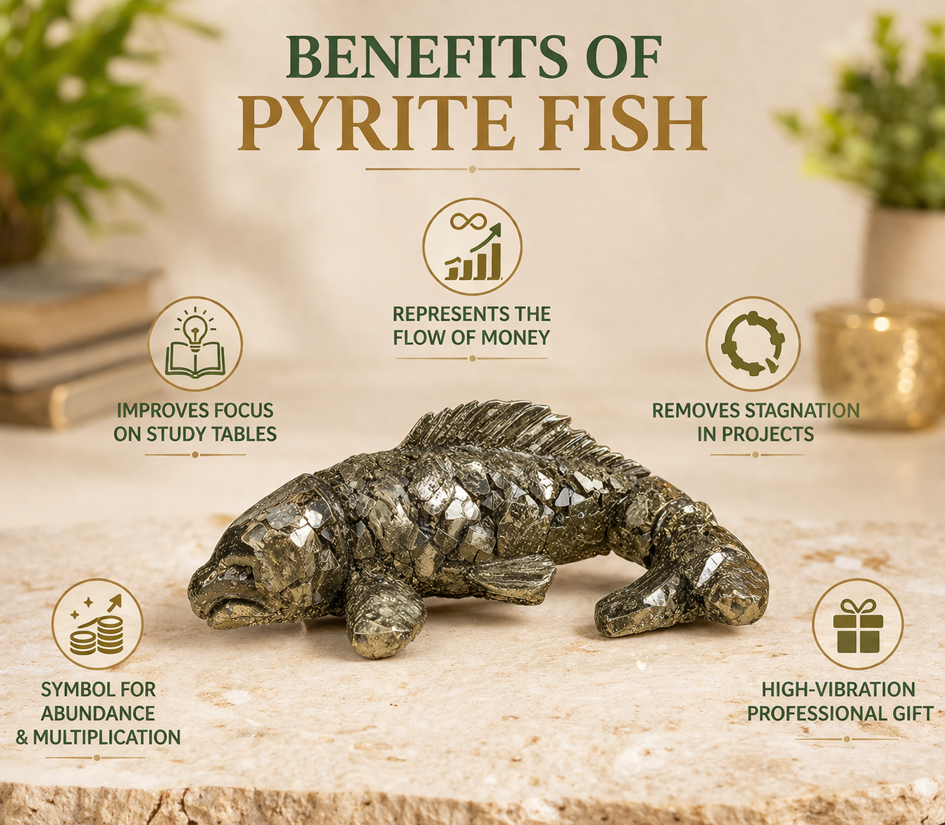 Natural Pyrite Fish Stone Decor | Raw Crystal Wealth & Prosperity Symbol for Desk, Office & Study Table