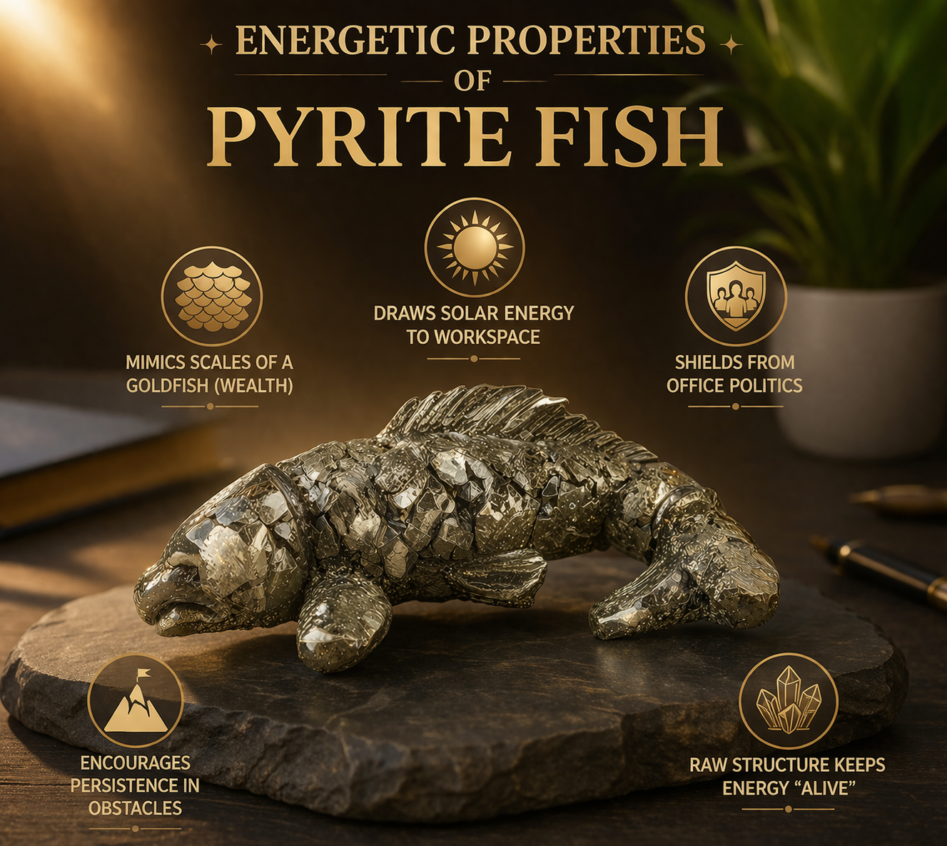 Natural Pyrite Fish Stone Decor | Raw Crystal Wealth & Prosperity Symbol for Desk, Office & Study Table