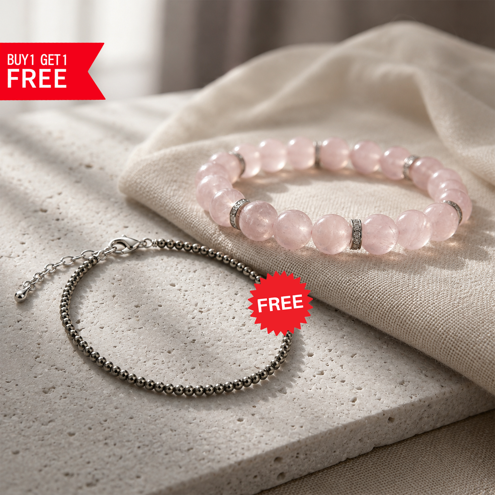 ROSE QUARTZ BRACELET WITH FREE RAW PYRITE ANKLET